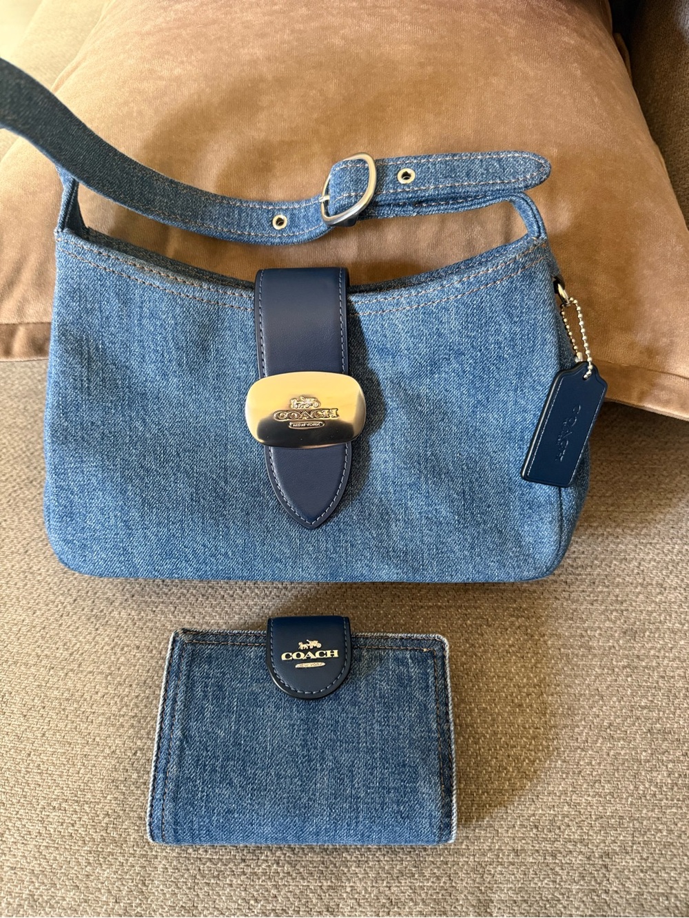 Coach Denim Shoulder Bag & Wallet with Navy Leather Trim and Silver Hardware - Picture 2 of 8